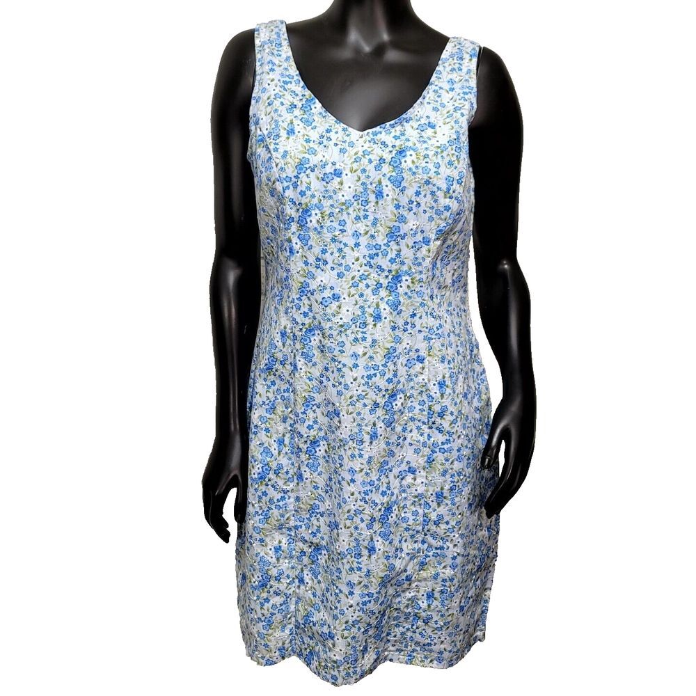 Vintage 90s David Wayne Size M Blue Green Eyelet Cotton Cottagecore Floral Dress